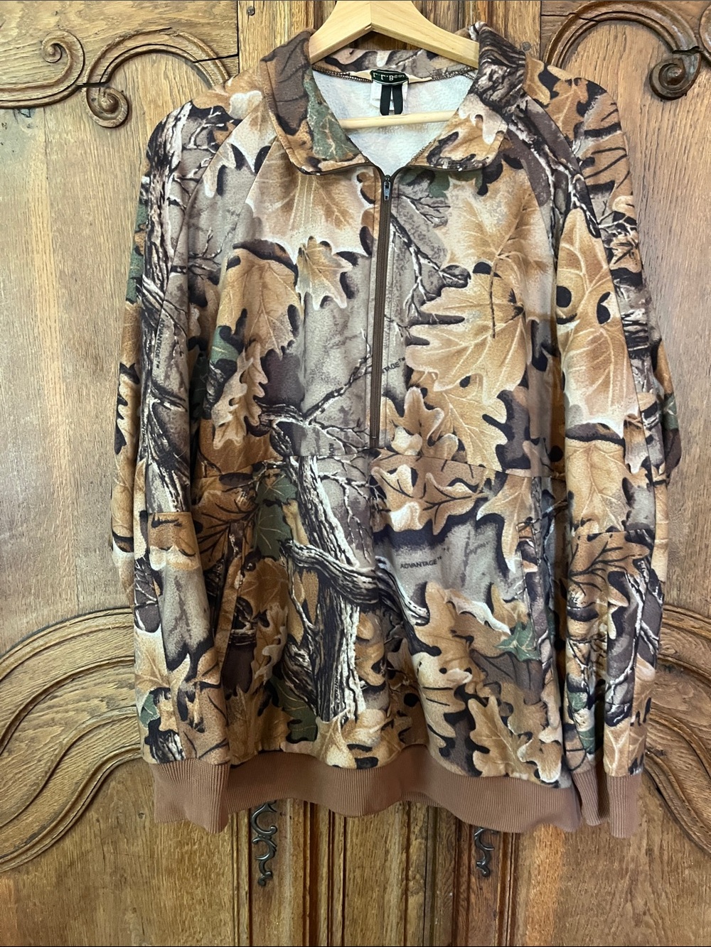 LL Bean Men Camouflage Fleece Half Zip Pullover Jacket Camo Wood Oak Leaf - Picture 3 of 9